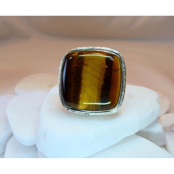 Large Natural Tiger's Eye Sterling Silver Ring Size 8 - Picture 8 of 10
